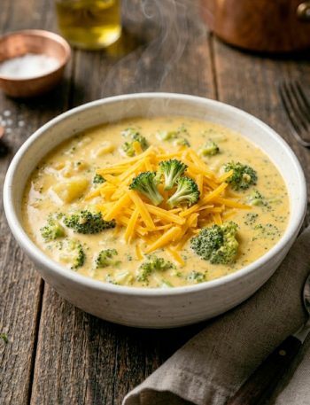 A close-up overhead shot of creamy cheddar broccoli potato soup in a white ceramic bowl topped with shredded cheddar cheese and fresh broccoli florets