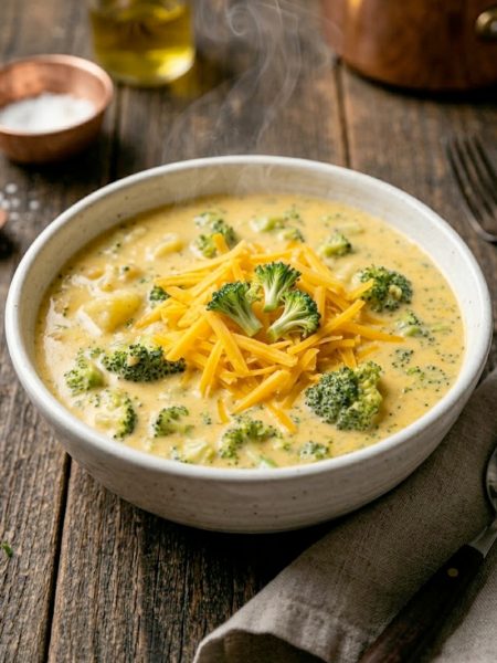 A close-up overhead shot of creamy cheddar broccoli potato soup in a white ceramic bowl topped with shredded cheddar cheese and fresh broccoli florets
