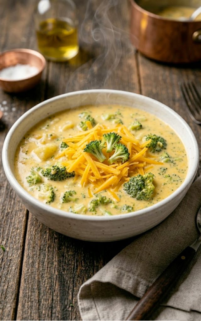 A close-up overhead shot of creamy cheddar broccoli potato soup in a white ceramic bowl topped with shredded cheddar cheese and fresh broccoli florets