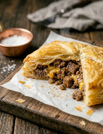 A close-up shot of a golden flaky cheeseburger pocket cut open to reveal seasoned ground beef and melted cheddar cheese filling on parchment paper
