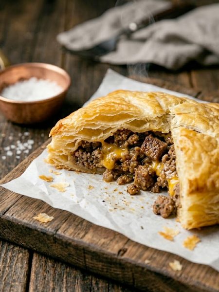 A close-up shot of a golden flaky cheeseburger pocket cut open to reveal seasoned ground beef and melted cheddar cheese filling on parchment paper