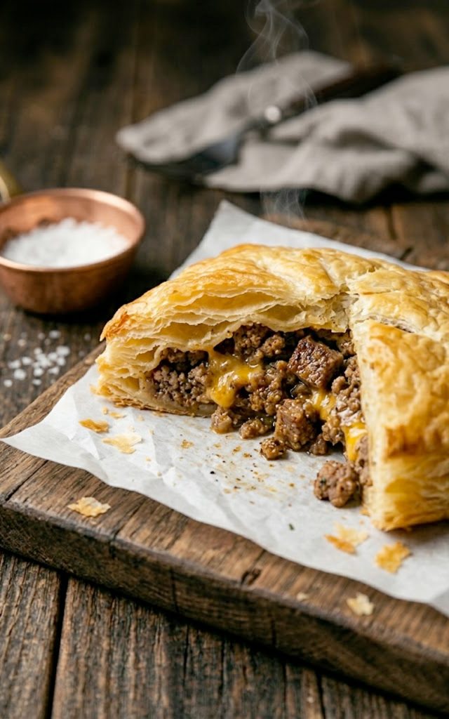 A close-up shot of a golden flaky cheeseburger pocket cut open to reveal seasoned ground beef and melted cheddar cheese filling on parchment paper
