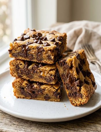 Several thick chewy chocolate chip cookie bars stacked and arranged on a white plate showing gooey chocolate chips and golden chewy interior
