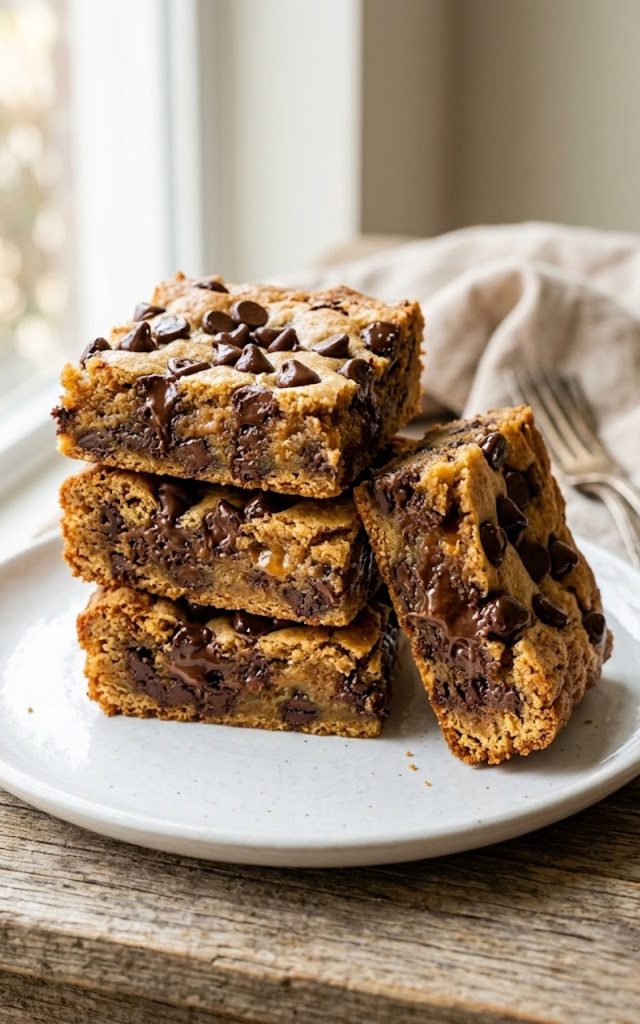 Several thick chewy chocolate chip cookie bars stacked and arranged on a white plate showing gooey chocolate chips and golden chewy interior