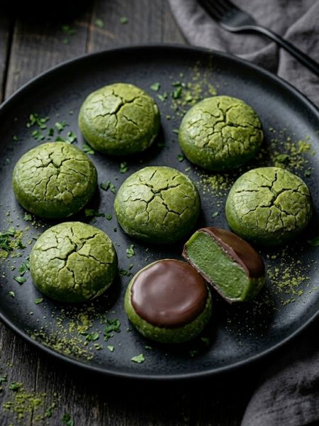 Chewy matcha mochi bites with dark chocolate bottoms arranged on a dark plate with a vibrant green color