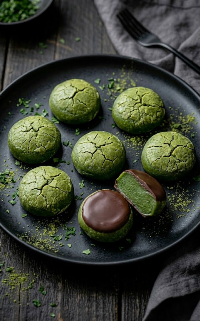 Chewy matcha mochi bites with dark chocolate bottoms arranged on a dark plate with a vibrant green color