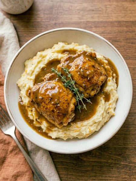A wide ceramic bowl of golden seared chicken thighs smothered in rich garlic gravy served over a generous mound of creamy cheesy mashed potatoes garnished with fresh thyme