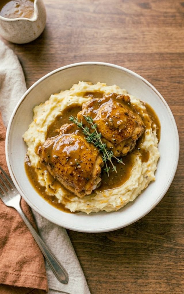 A wide ceramic bowl of golden seared chicken thighs smothered in rich garlic gravy served over a generous mound of creamy cheesy mashed potatoes garnished with fresh thyme