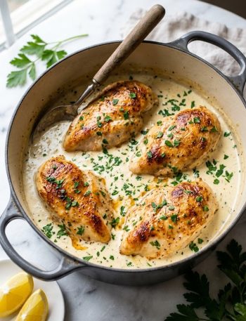 Four golden seared chicken breasts nestled in a rich creamy white wine sauce in a dark Dutch oven garnished with fresh parsley and lemon wedges on a marble surface