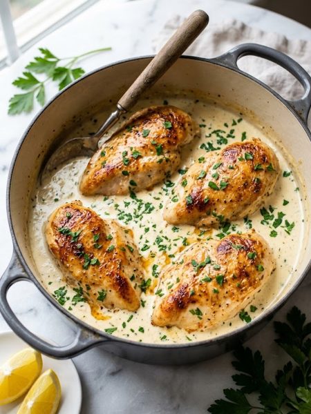 Four golden seared chicken breasts nestled in a rich creamy white wine sauce in a dark Dutch oven garnished with fresh parsley and lemon wedges on a marble surface