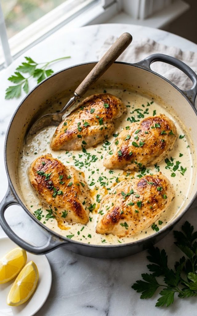 Four golden seared chicken breasts nestled in a rich creamy white wine sauce in a dark Dutch oven garnished with fresh parsley and lemon wedges on a marble surface
