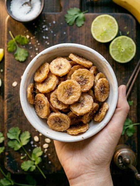 Crispy golden cinnamon sugar air fryer banana chips piled high in a small rustic ceramic bowl on a wooden surface