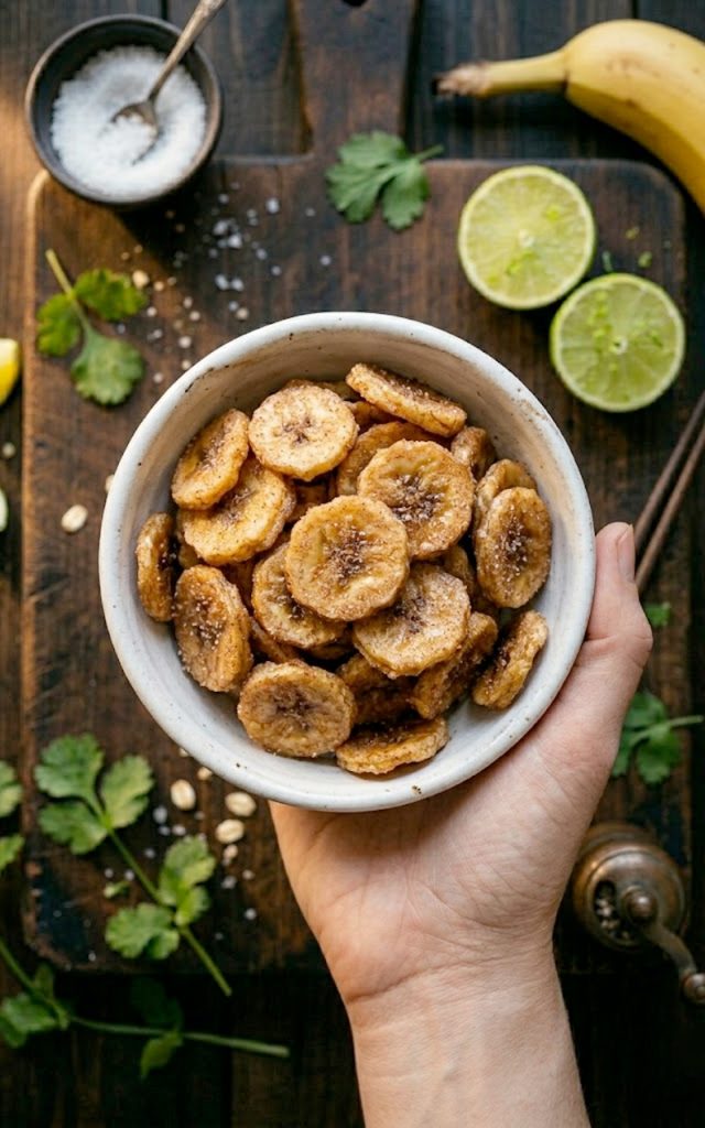 Crispy golden cinnamon sugar air fryer banana chips piled high in a small rustic ceramic bowl on a wooden surface