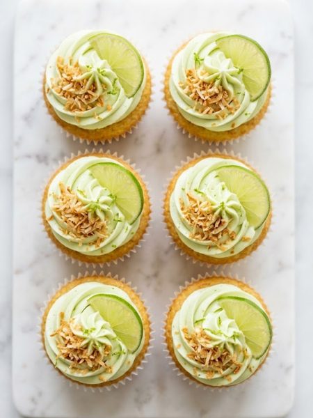 A plate of coconut cupcakes with lime frosting topped with toasted coconut flakes and fresh lime slices on a white marble surface