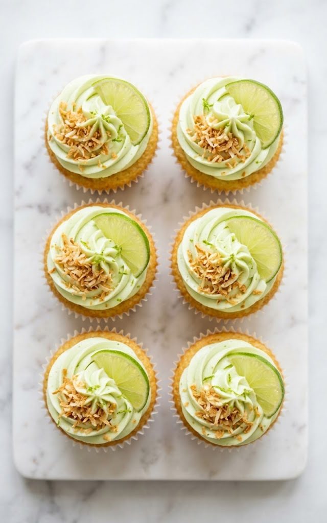A plate of coconut cupcakes with lime frosting topped with toasted coconut flakes and fresh lime slices on a white marble surface