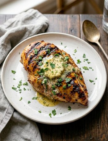 Juicy copycat Texas Roadhouse grilled chicken breast with deep grill marks herb butter melting on top and fresh parsley garnish on a white plate
