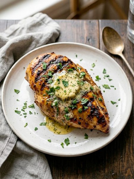 Juicy copycat Texas Roadhouse grilled chicken breast with deep grill marks herb butter melting on top and fresh parsley garnish on a white plate