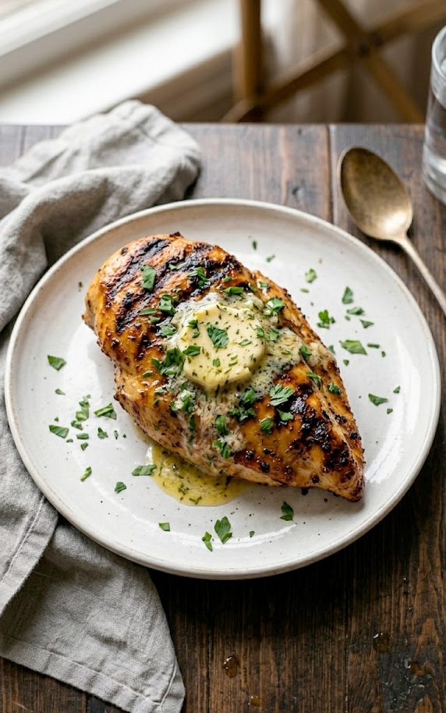 Juicy copycat Texas Roadhouse grilled chicken breast with deep grill marks herb butter melting on top and fresh parsley garnish on a white plate