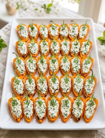 Orange mini sweet peppers halved and filled with herby cream cheese mixture topped with fresh dill sprigs to look like little carrots arranged on a white rectangular platter on a soft linen surface