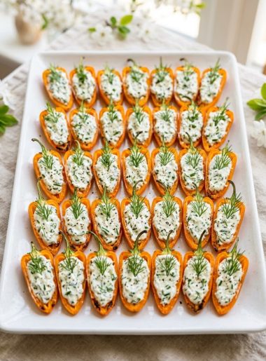 Orange mini sweet peppers halved and filled with herby cream cheese mixture topped with fresh dill sprigs to look like little carrots arranged on a white rectangular platter on a soft linen surface