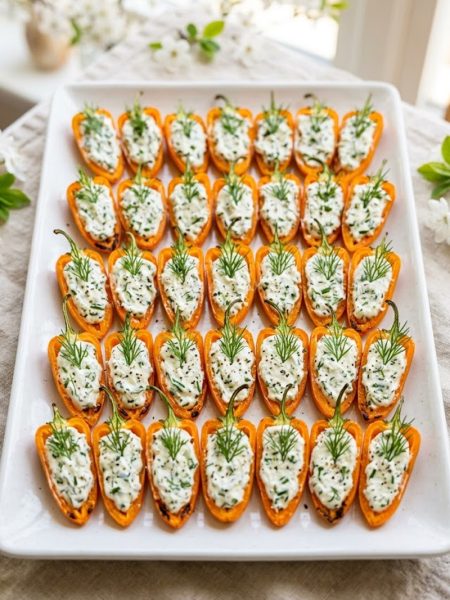 Orange mini sweet peppers halved and filled with herby cream cheese mixture topped with fresh dill sprigs to look like little carrots arranged on a white rectangular platter on a soft linen surface