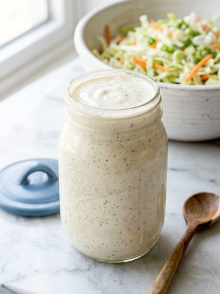 A glass mason jar filled with thick creamy white coleslaw dressing sitting in front of a large bowl of shredded cabbage and carrot coleslaw mix on a light marble surface with a wooden spoon beside it