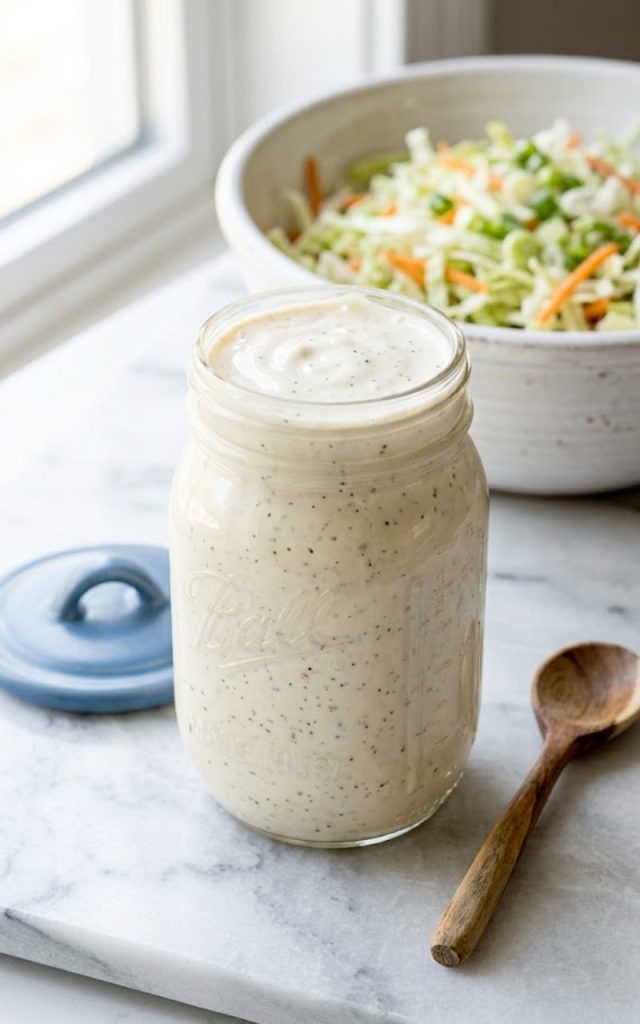 A glass mason jar filled with thick creamy white coleslaw dressing sitting in front of a large bowl of shredded cabbage and carrot coleslaw mix on a light marble surface with a wooden spoon beside it