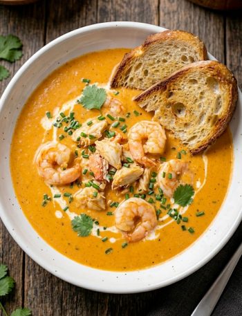 Creamy crab and shrimp seafood bisque served in a white bowl garnished with fresh chives and served with toasted sourdough bread
