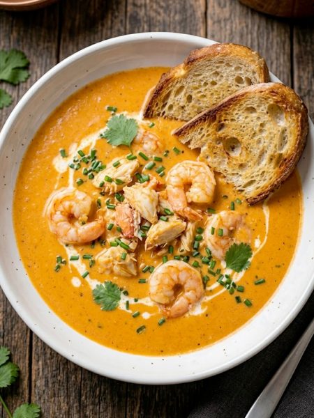 Creamy crab and shrimp seafood bisque served in a white bowl garnished with fresh chives and served with toasted sourdough bread