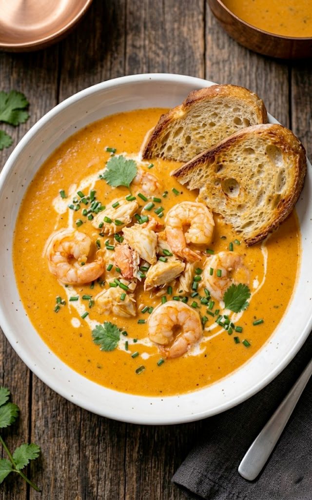 Creamy crab and shrimp seafood bisque served in a white bowl garnished with fresh chives and served with toasted sourdough bread