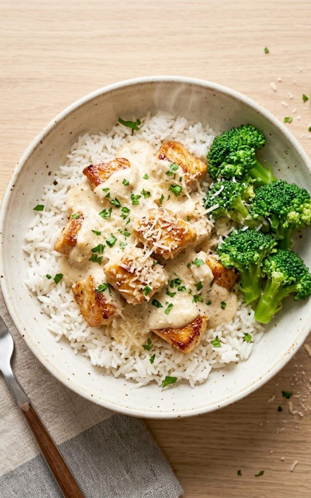 A bowl of creamy garlic chicken rice with steamed broccoli and fresh parsley garnish on a rustic wooden surface
