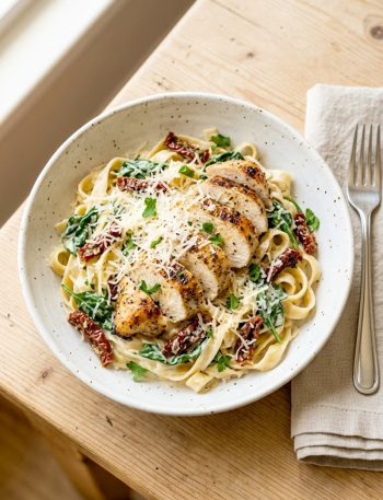A bowl of creamy Tuscan chicken pasta with sliced seared chicken breast, wilted spinach, and sun-dried tomatoes topped with freshly grated parmesan