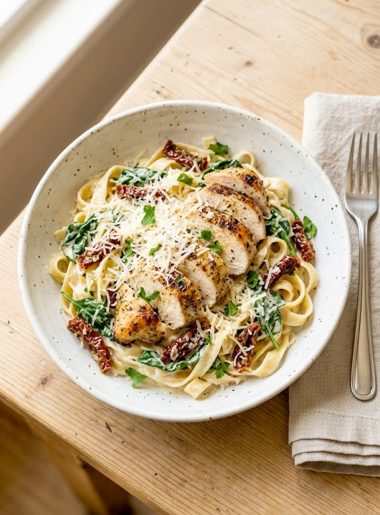 A bowl of creamy Tuscan chicken pasta with sliced seared chicken breast, wilted spinach, and sun-dried tomatoes topped with freshly grated parmesan
