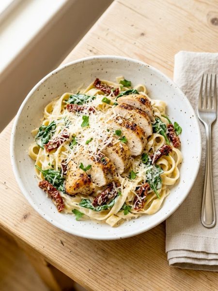 A bowl of creamy Tuscan chicken pasta with sliced seared chicken breast, wilted spinach, and sun-dried tomatoes topped with freshly grated parmesan