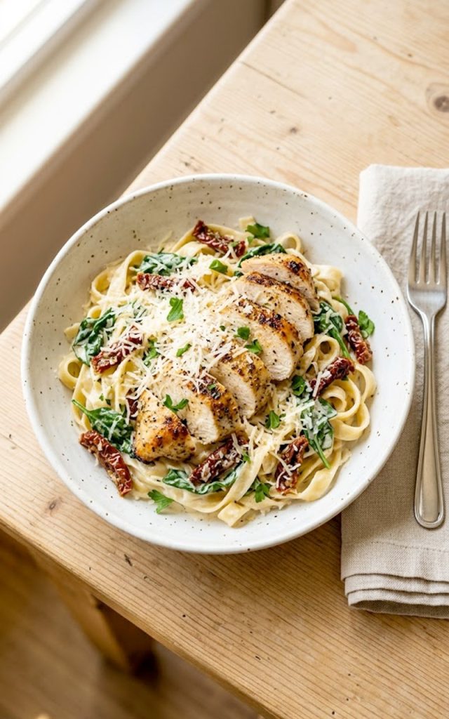 A bowl of creamy Tuscan chicken pasta with sliced seared chicken breast, wilted spinach, and sun-dried tomatoes topped with freshly grated parmesan