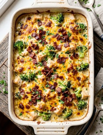 A white baking dish filled with creamy chicken and broccoli casserole topped with golden melted cheddar cheese and crispy bacon crumbles fresh out of the oven