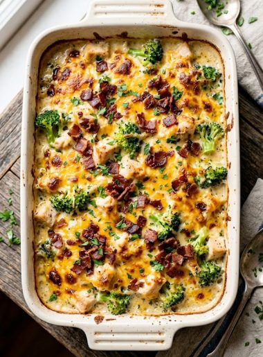 A white baking dish filled with creamy chicken and broccoli casserole topped with golden melted cheddar cheese and crispy bacon crumbles fresh out of the oven