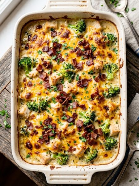 A white baking dish filled with creamy chicken and broccoli casserole topped with golden melted cheddar cheese and crispy bacon crumbles fresh out of the oven