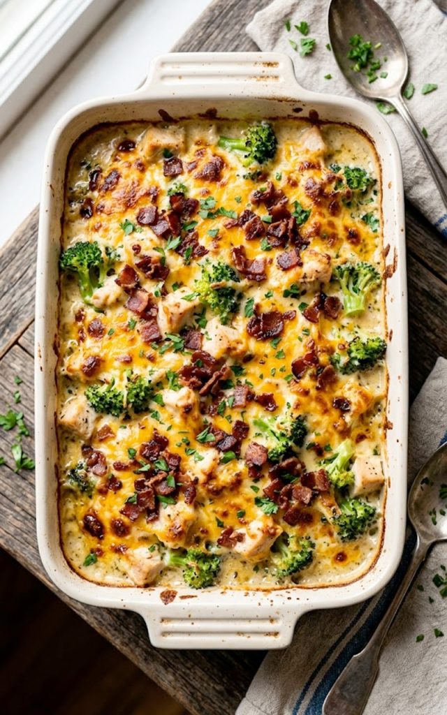 A white baking dish filled with creamy chicken and broccoli casserole topped with golden melted cheddar cheese and crispy bacon crumbles fresh out of the oven