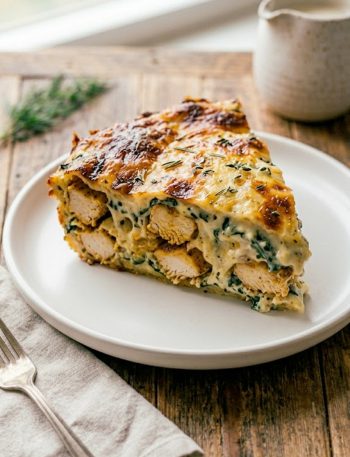 A thick slice of creamy high protein chicken bake on a white plate showing golden chicken layers and rich cheesy spinach cream sauce with browned cheese on top
