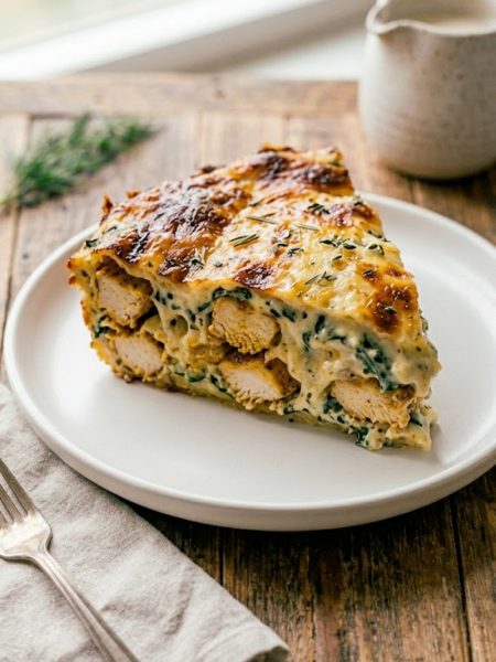 A thick slice of creamy high protein chicken bake on a white plate showing golden chicken layers and rich cheesy spinach cream sauce with browned cheese on top