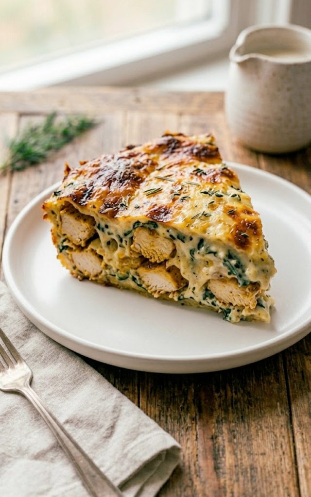 A thick slice of creamy high protein chicken bake on a white plate showing golden chicken layers and rich cheesy spinach cream sauce with browned cheese on top