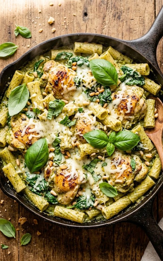 Creamy pesto chicken bake with rigatoni and spinach in a cast iron skillet garnished with fresh basil and parmesan