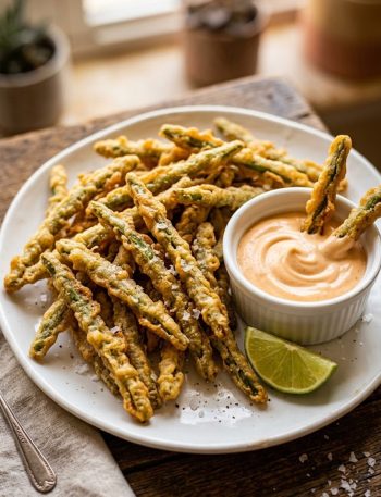 Golden crispy battered fried green beans piled on a plate beside a small bowl of creamy sriracha mayo dipping sauce