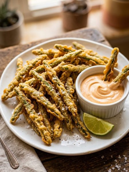 Golden crispy battered fried green beans piled on a plate beside a small bowl of creamy sriracha mayo dipping sauce