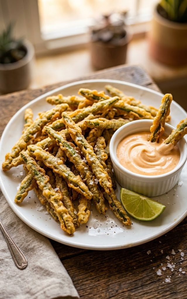 Golden crispy battered fried green beans piled on a plate beside a small bowl of creamy sriracha mayo dipping sauce