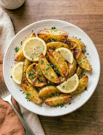 Crispy Greek lemon potato wedges on a white plate garnished with lemon slices and dried oregano