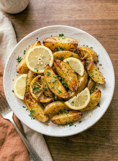 Crispy Greek lemon potato wedges on a white plate garnished with lemon slices and dried oregano