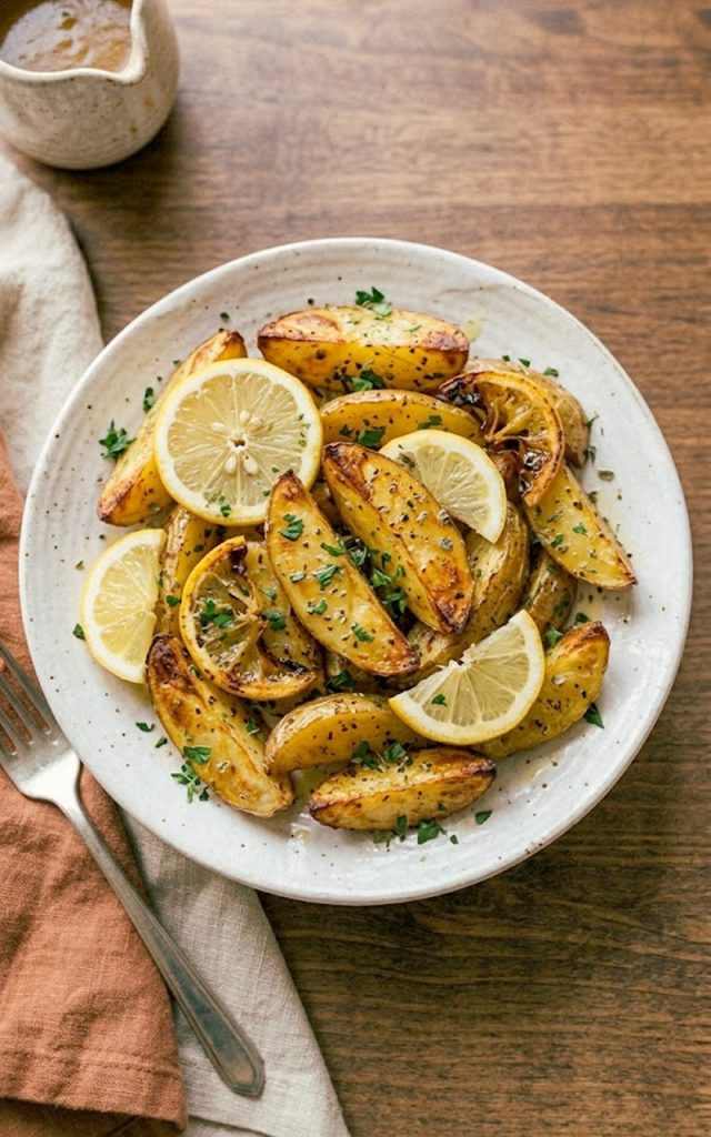 Crispy Greek lemon potato wedges on a white plate garnished with lemon slices and dried oregano