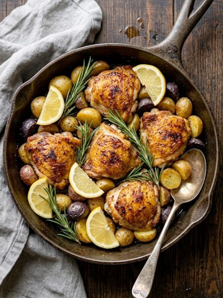 Crispy lemon herb chicken thighs with roasted baby potatoes in a cast iron skillet garnished with fresh rosemary and lemon slices